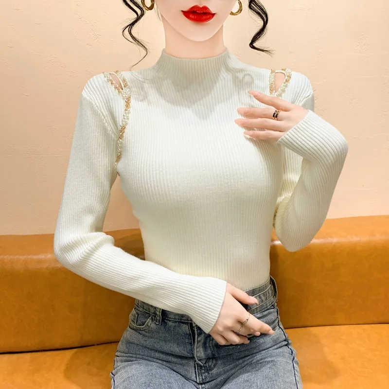 

Модный вязаный свитер с высоким воротником, открытыми плечами и асимметричным краем, осенне-зимний, уникальный, изысканный...