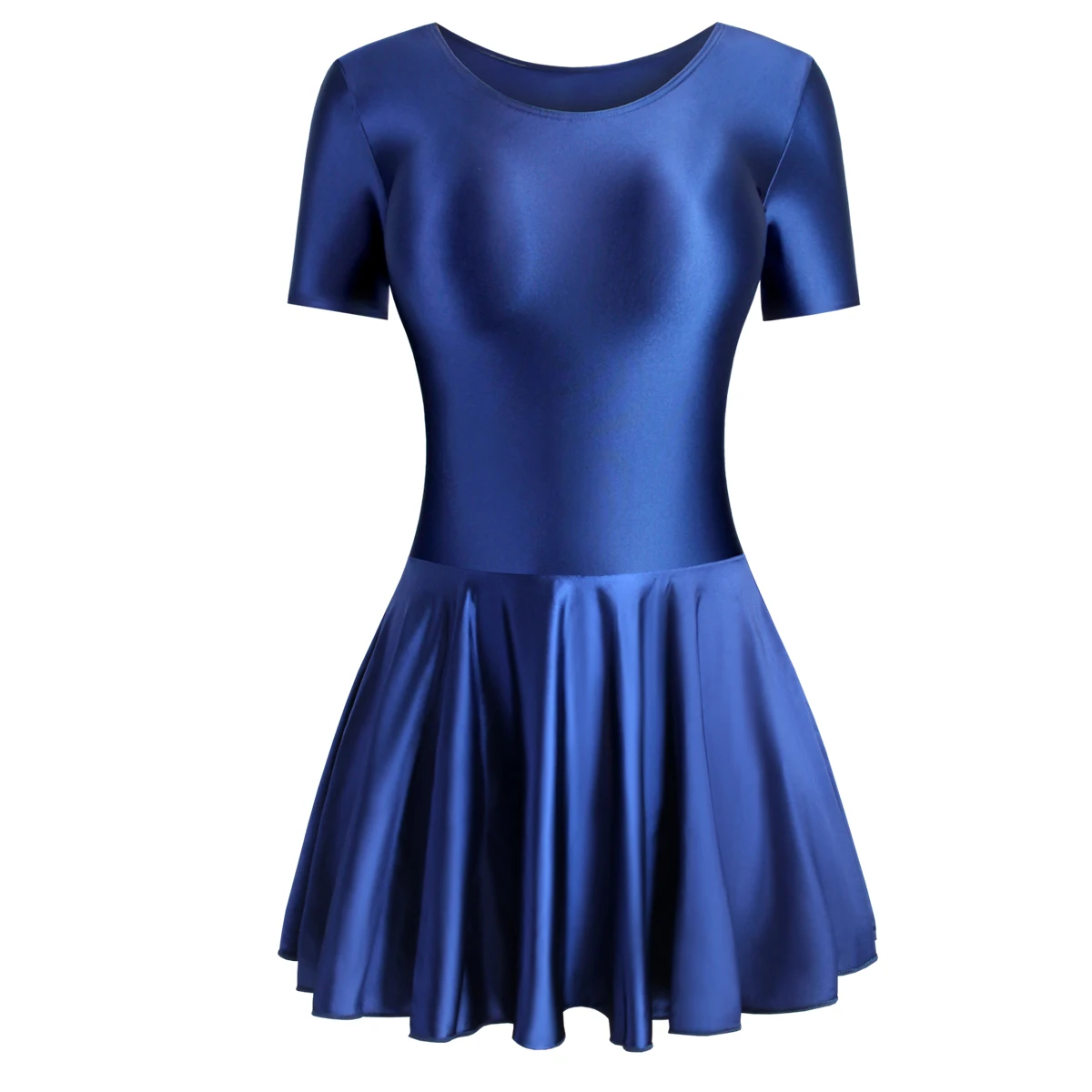 MJINM 여성용 실키 글로시 새틴 고탄성 원피스 드레스 부드러운 반소매 꽉 끼는 요가 운동 발레 플리츠 스커트