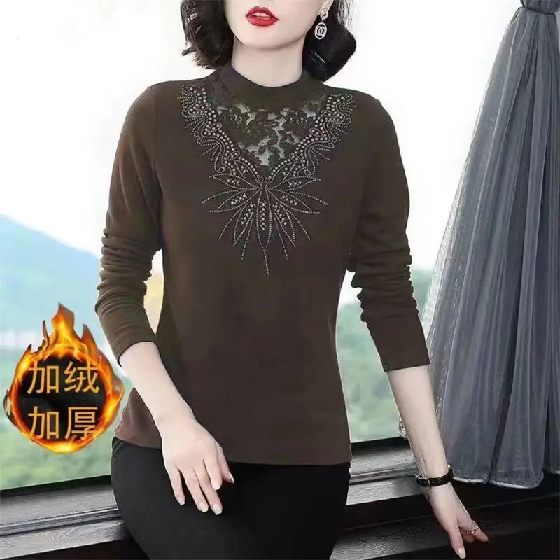 Autumn Winter New Round Neck Long Sleeve Fashion T-Shirts Women High Street Printing Lace Patchwork Pullovers Elegant Tops