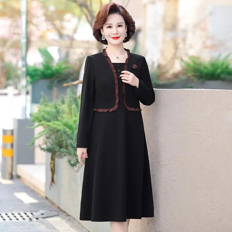 Spring Autumn Fake two pieces of wood ear edges Button Dresses Female Clothing Long Sleeve Vintage  A-Line Waist Slim Midi Dress