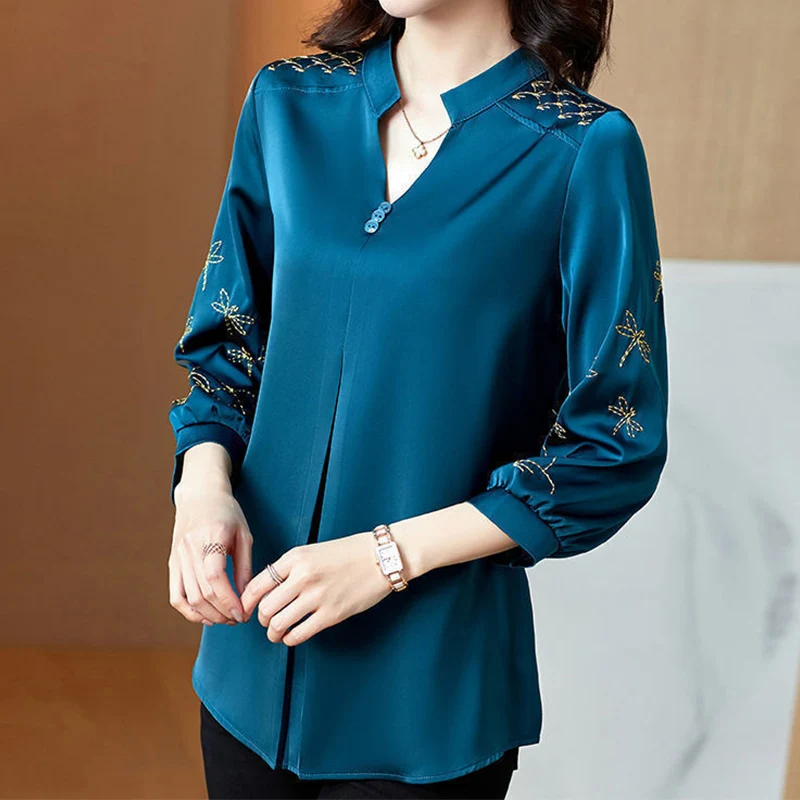 Casual Vintage Sólida Bordado Botão Camisa Verão Autum 2023 V-Neck Manga Três Quartos Solto Pullovers Tops Roupas Femininas