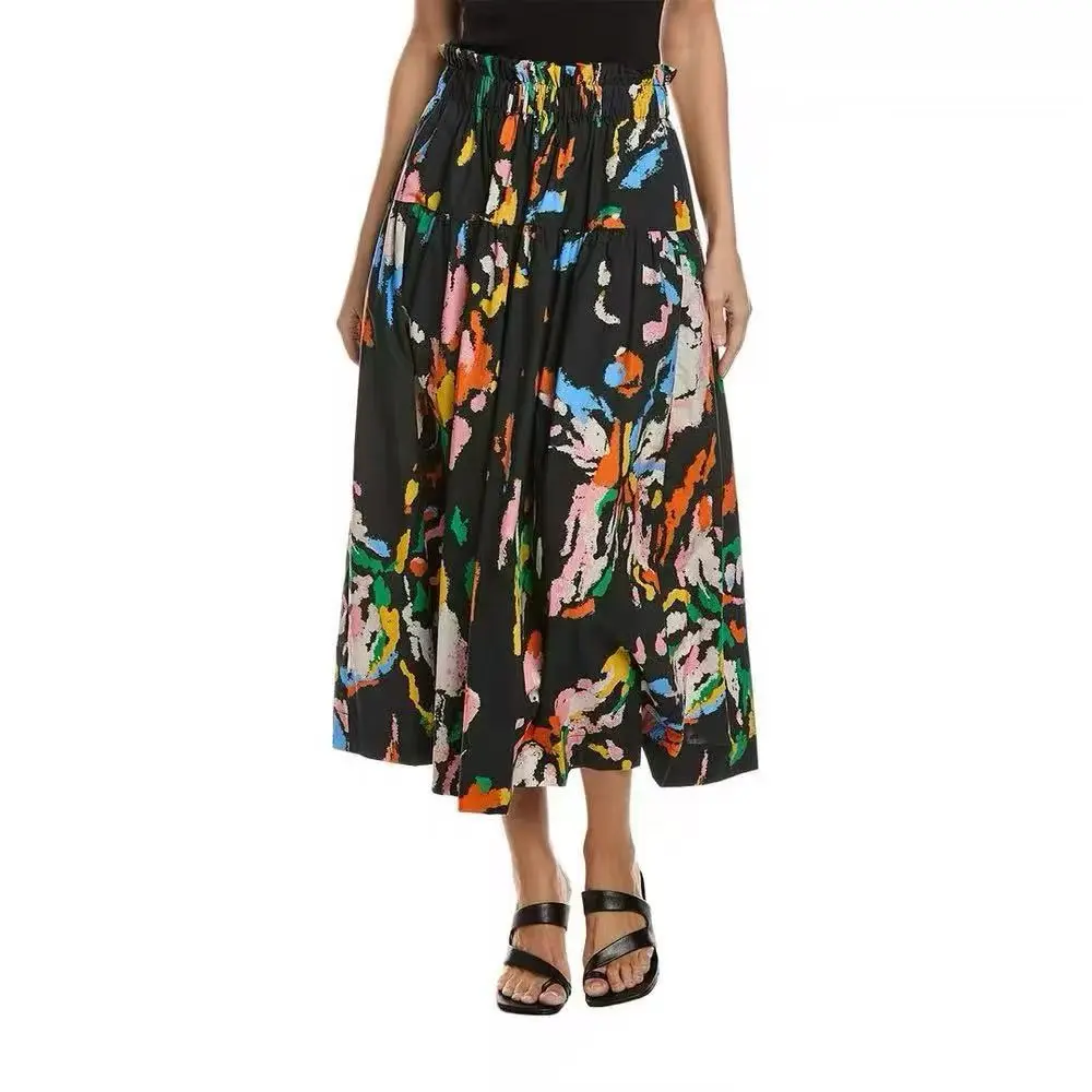 Women Print Cotton Versatile Midi Skirt fashion casual high waist long skirt