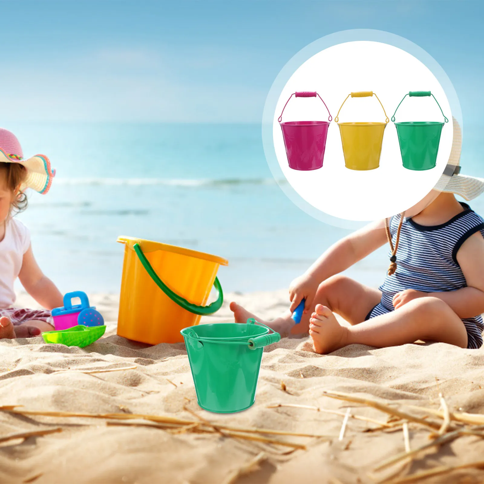 

6Pcs Beach Buckets Small Lightweight Wooden Handle Sand Sculpting for Children Color Cognition Creativity Socialization