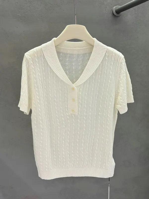 

Soft Breathable Korean Style Women's Knitted Shirt Spring Summer Green Fruit Collar Half Open Button Twisted Pattern