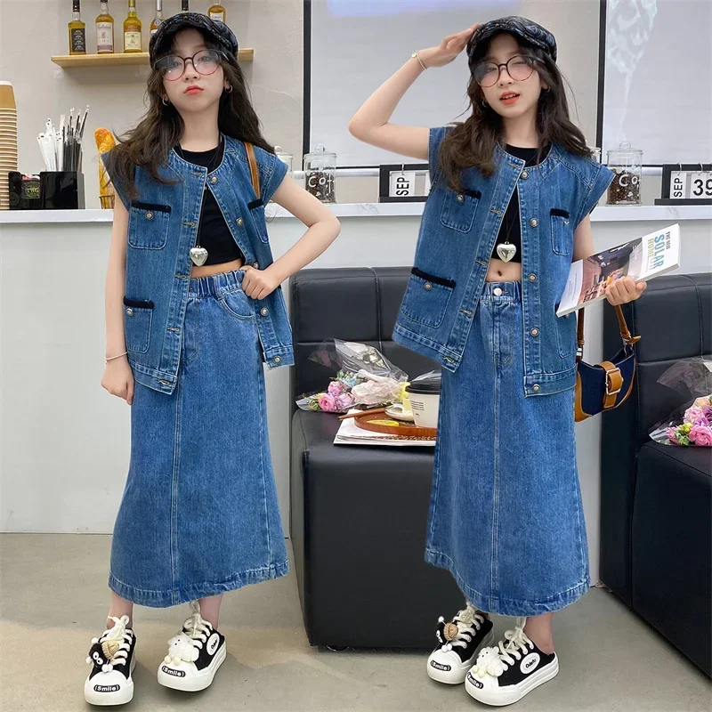 

conjunto infantil menina teen girls clothes set desig denim vest+long skirt 2pcs 4-14 kids suit childer outfits vetements fille