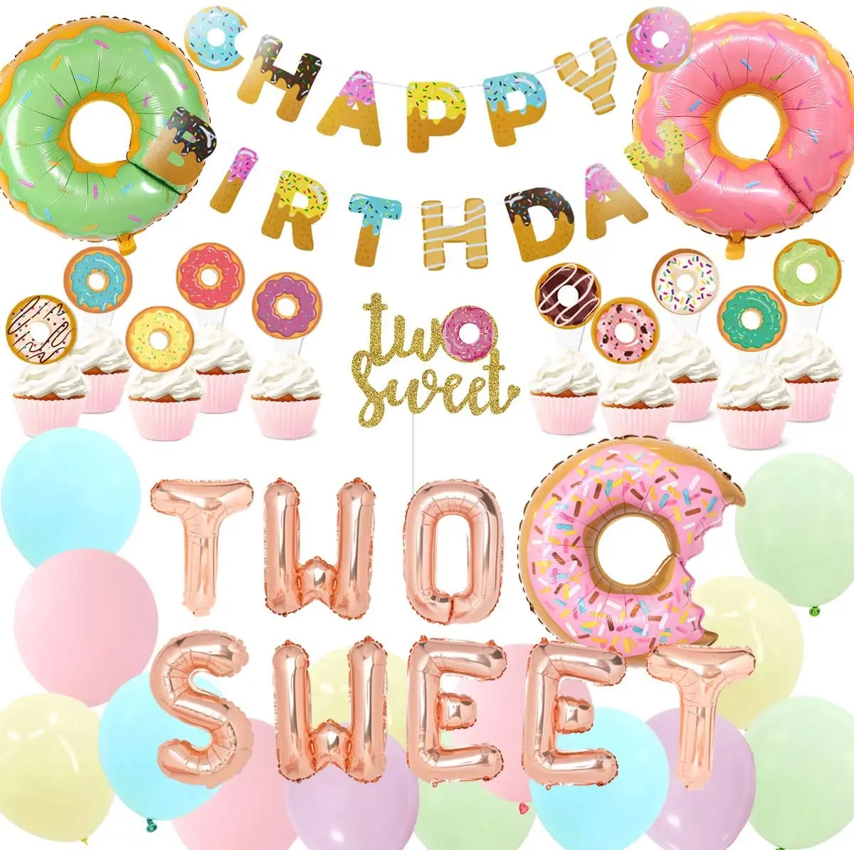 

Two Sweet Donut Birthday Party Supplies, Macaron Balloons Happy Birthday Banner Cake Topper for Girls 2nd Birthday Decorations