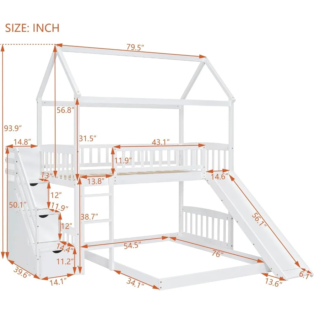 Bunk Bed with Slide, House Bunk Beds Twin Over Twin Stairway Bunk Beds Playhouse Bunkbed with Storage for Kids Toddlers, White