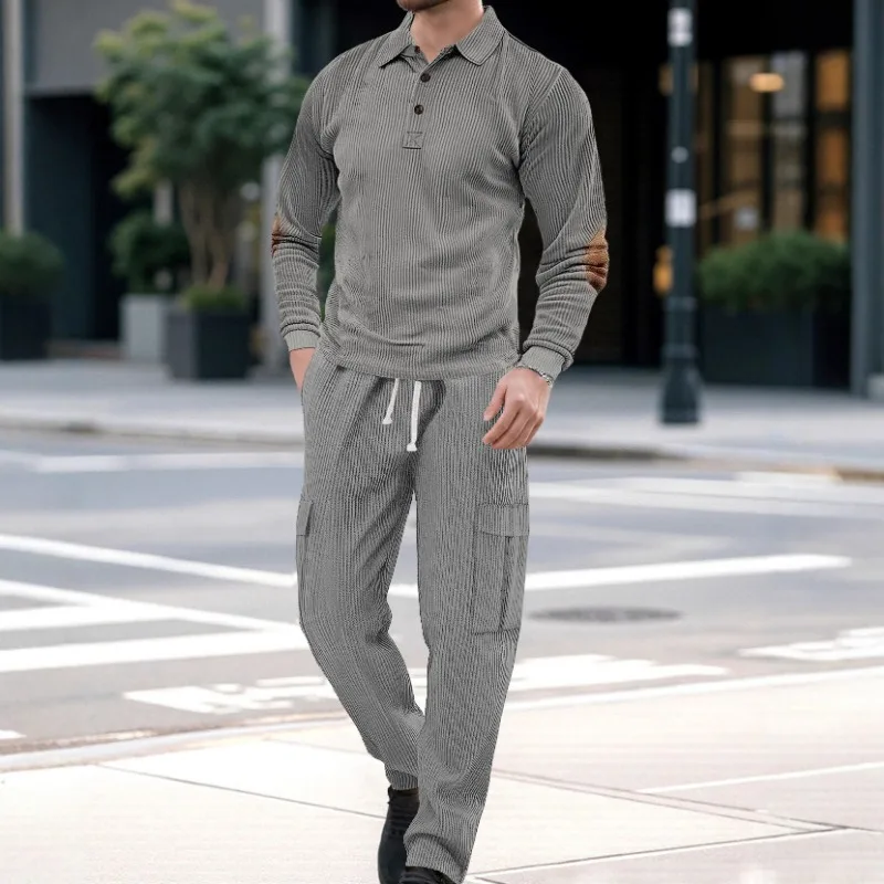 Casual Sports Lapel Long Sleeve Two-piece Men's Loose Solid Color Work Suit