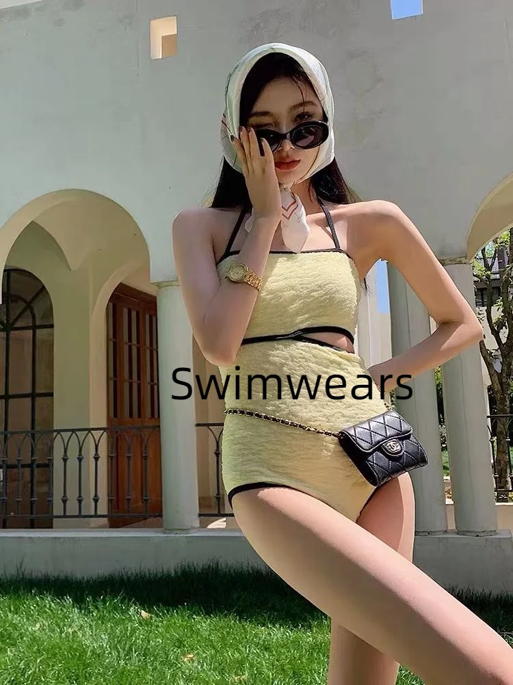 

Women Swimwears Halter Retro Purity Irregular Sexy V Neck Macrame Back Ruched Tummy Control One Piece Swimsuits 2023 Yellow