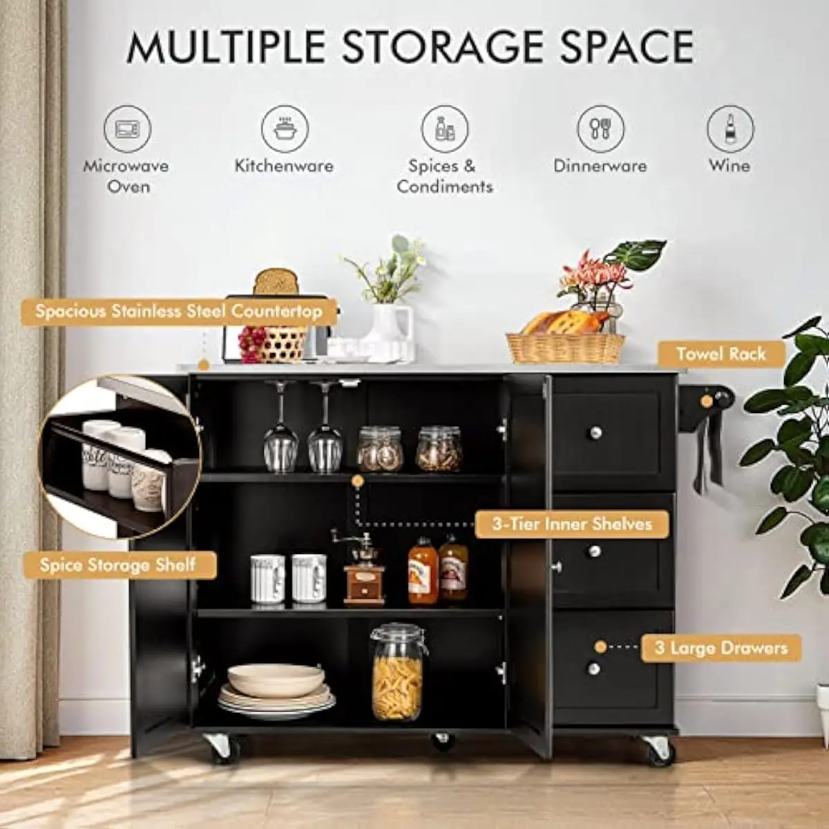 Rolling Kitchen Island with Stainless Steel Countertop, Tiered Adjustable Shelves, Spacious Cabinet, 3 Smooth-Glide Drawers, Int