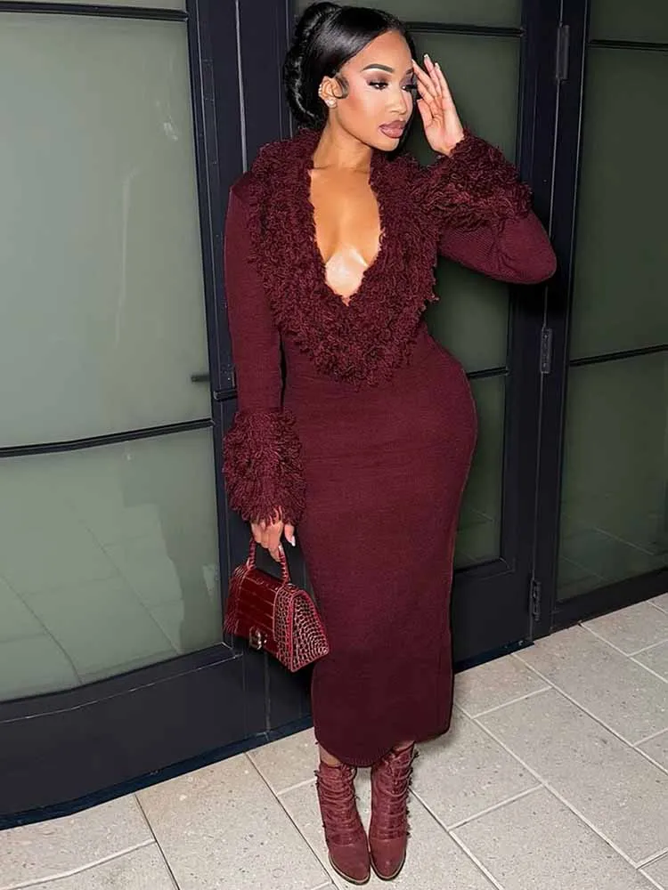 BKQU 패치 워크 태슬 니트 맥시 드레스 여성 딥 브이넥 섹시한 바디콘 긴 소매 가을 겨울 스웨터 드레스 우아한 가운