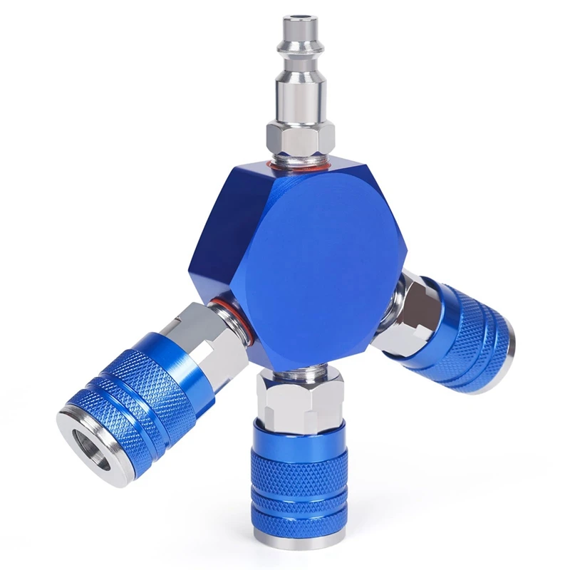 1 PCS 1/4 Inch NPT 3-Way Air Manifold ,Industrial Quick Couplers Plug Blue Aluminum Quick Connect Fittings