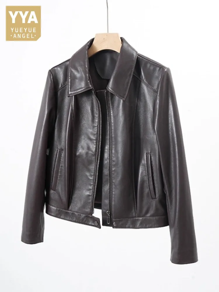 Autumn New Women Genuine Leather Jacket Zipper Turndown Collar Solid Color High Quality Short Style Sheepskin Coat Streetwear
