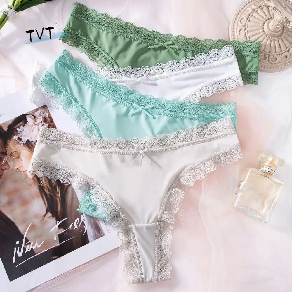 

Quick Drye Seamless Ice Silk Panties Cotton Crotch Low Waist Lace Bow Briefs Underpants Underwear Women's Summer Panties Girl