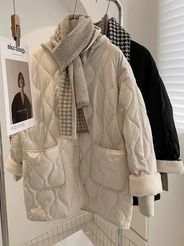 

Легкая женская хлопковая куртка с мехом ягненка, свободная куртка с узором, корейская одежда для поездок на работу, Ele Lady Regular Sve Long