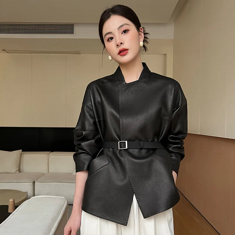 Veste en cuir véritable en peau de mouton souple, noire unie, élégante, à lacets, manteau en daim d'agneau haut de gamme pour femmes