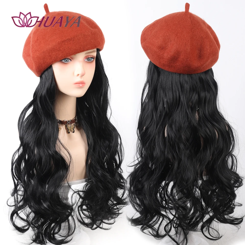 Hat Wig For Women Synthetic 20 inch Long Wavy Hair Extensions With Beret Warm Autumn Winter Daily Hat Hairpiece