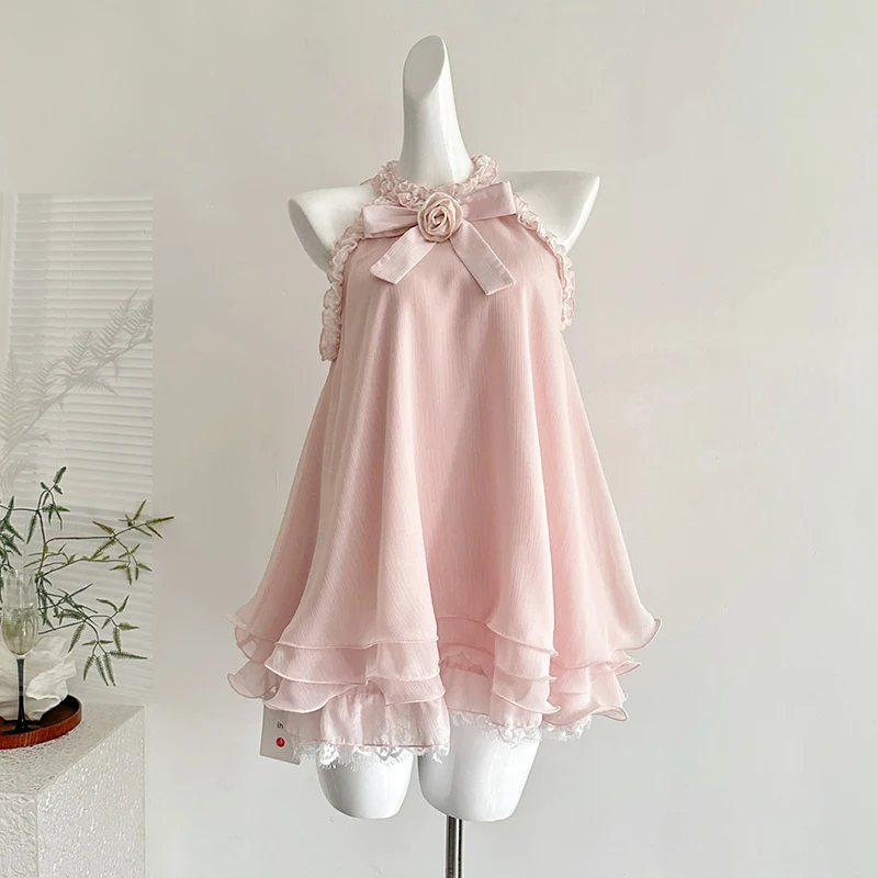 

Tiered Minidress Women Folds Sleeveless Tank Dress Fashion Evening Party Wedding Short Dresses Lace-Up Lace Pink Dress