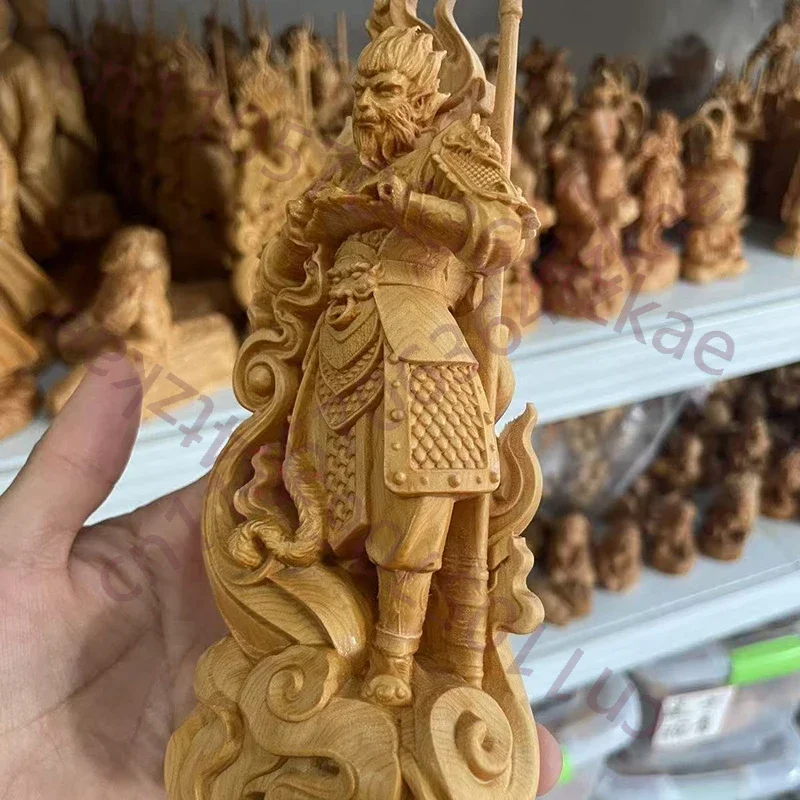Wood Carving Battle Buddha Sun Wukong Sculptures And Figurines Black Mythical Figures Home Room Office Wealth Luck Decor