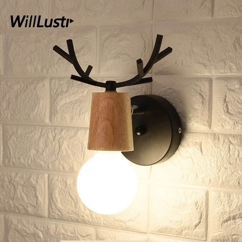 Iron Antler Wall Sconce Art Deco Wood Lamp Cafe Bar Restaurant Lounge Bakery Kitchen Lobby Aisle Deer Head Creative Light