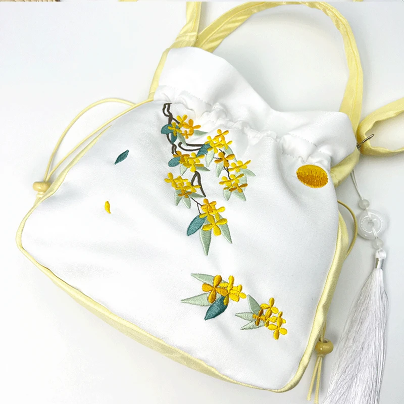 Chinese Style Retro Flower Embroidery Crossbody Top-handle Bags Women Shoulder Lace Drawstring Bucket Bag Coin Purses Handbags