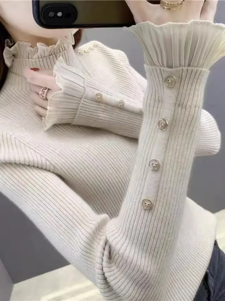 Haut tricoté avec bordure en dentelle, col haut, coupe cintrée, couche de Base, Cisas, décontracté, confortable, vêtements intérieurs pour femmes, pull mi-long