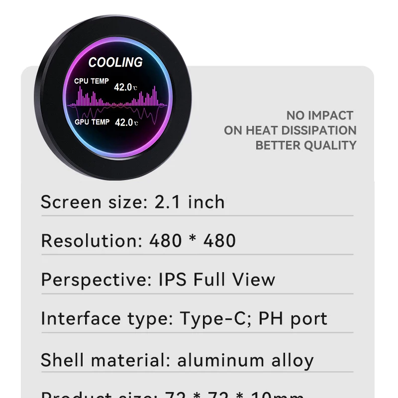 New 2.1 Inch Water Cooler Screen IPS LCD 480*480 CPU GPU RAM HDD Type C USB Monitor CNC Case Dynamic Themes Display NO AIDA64 image 5
