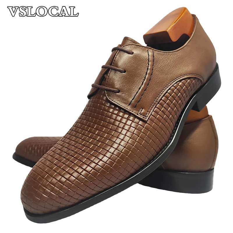 

Classic Men Derby Shoes Black Brown Weave Prints Lace-up Casual Mens Dress Shoes Office Wedding Leather Shoes For Man