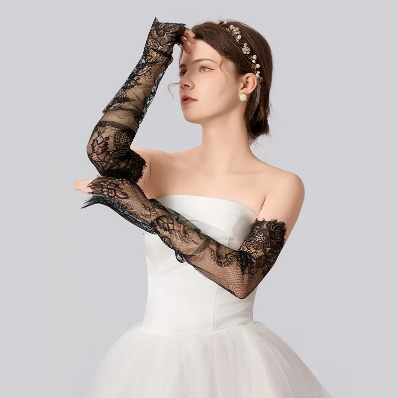 

Fingerless Bridal Gloves White Black Lace Gloves Elbow Covers Arms Sleeves Long Opera Gloves For Bride Prom Wedding Accessories