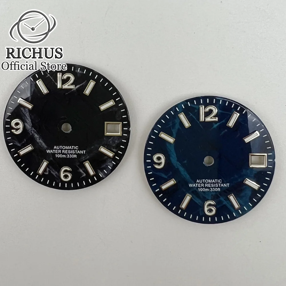 RICHUS jam tangan 29mm NH35, tombol putar hijau bercahaya hitam biru hijau wajah cocok gerakan NH35 cocok mahkota jam 3 jam 3.8 mahkota jam