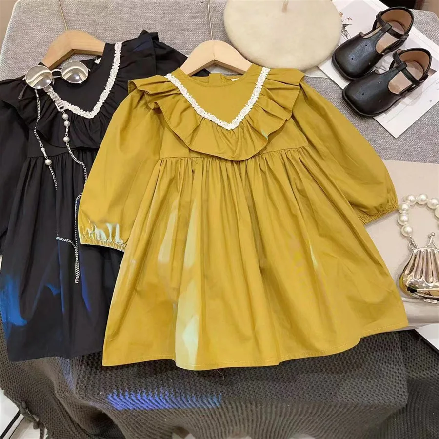 

New Girls Dress Spring and Autumn 2025 New Girls Simple Long-sleeved Doll Collar Skirt Pure Cotton Children's Clothing