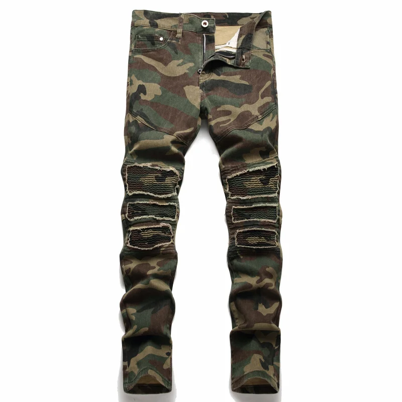 

Men's camouflage print splicing biker jeans Men's Slim Straight Jeans Raglan Patch Range Jeans Pantalon Homme