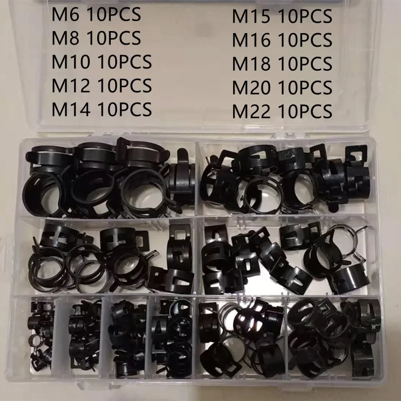 100Pcs/Set 6-17/6-22mm Black Q673B Vacuum Spring Fuel Oil Water Hose Clip Pipe Tube for Band Clamp Metal Fastener Assortment Kit