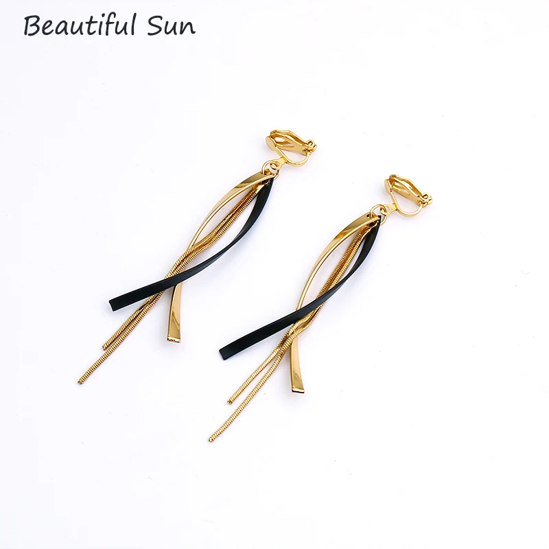 Korean Creative Long Statement Clip on Earrings Geometric Irregular Tassel Without Piercing Ear Clips for Women Fashion Jewelry