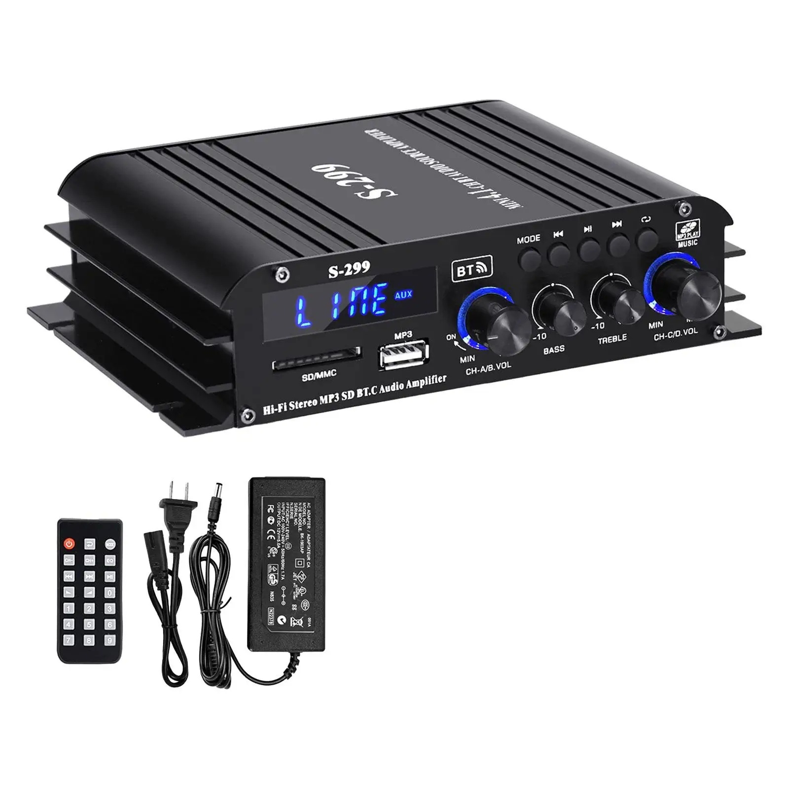 Amplificador de potência de áudio mini amplificador estéreo de alta fidelidade usb aux bt sd 4.1 ch para loja home theater display lcd portátil com controle remoto