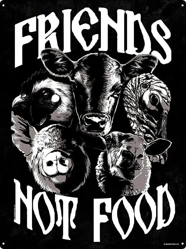 12x8 inch Tin Metal Sign Friends Not Food Vegan Vegetarian Home Decor