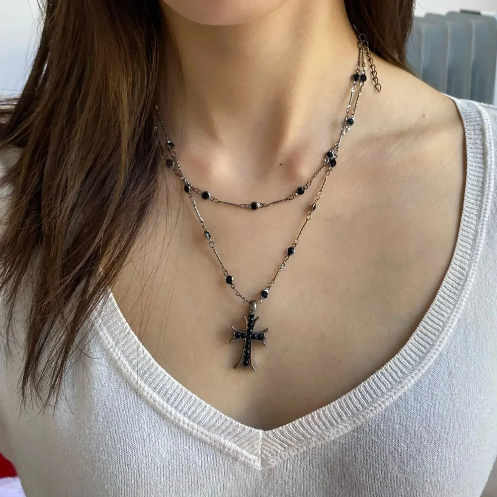 Summer Black Rhinestone Cross Jesus Pendant Choker Necklace for Women Punk Vintage Double Layers Chain 2024 Neck Boho Jewelry