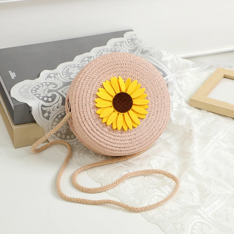 Summer Sunflower Decor Round Crossbody Shoulder Bag Women Woven Beach Bag Ladies Rattan Handmade Knitted Straw Purse And Handbag