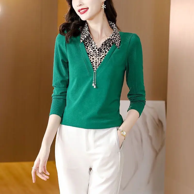 2023 New Solid Ladies Turn-down Collar T-Shirts Leopard Undercoat Long Sleeve Tops Vintage Autumn Winter Thin Women\'s Clothing