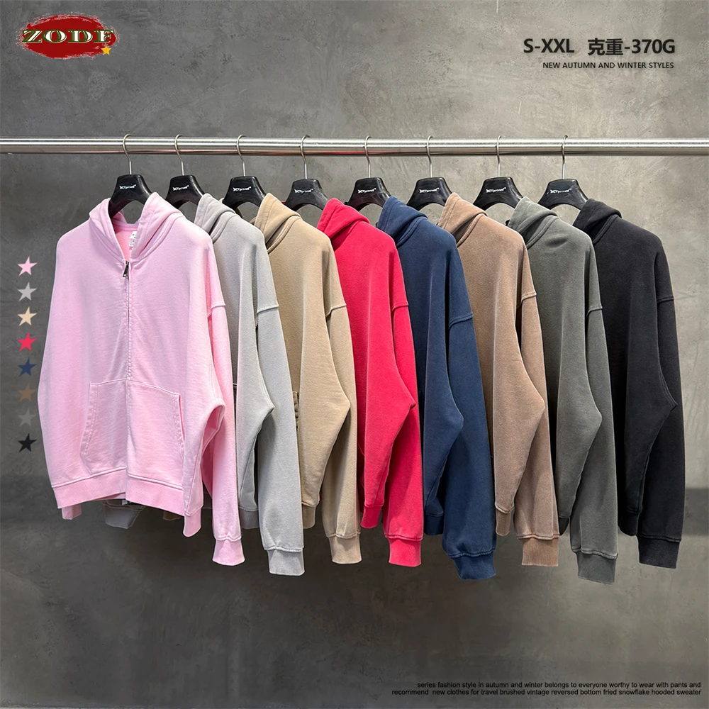 ZODF Vintage Autumn Boxyfit 370gsm Zipper Hoodie Unisex Distressed High Street 370gsm 100% Cotton Hooded Jackets HY1320