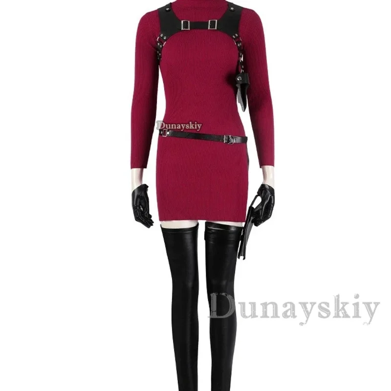 hhh 2025Ada Wong فستان أحمر مطرز بنمط شيونغسام زي تنكري ملابس شعر مستعار موحد للنساء مثير للهالوين