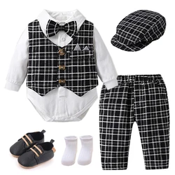 Infant 1st Birthday Gentleman Clothes Newborns Plaid Vest Hat Pants White Bodysuit Wedding Costume Baby Boy Formal Boutique Set