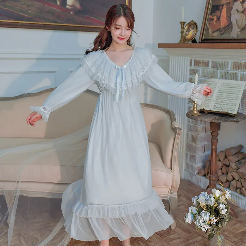 

Fairy Mesh Princess Nightgown Female Modal Home Dress Lolita Lace Sleepshirt Bridal Nightwear with Bra Casual Loungewear