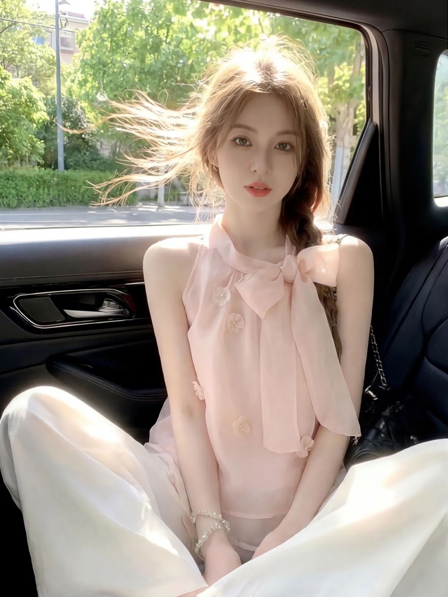

Elegant Sweet Style Women's Summer Top Knot Tie Neck Vest 3D Flower Shaped Chiffon Blouse Skin-friendly Breathable