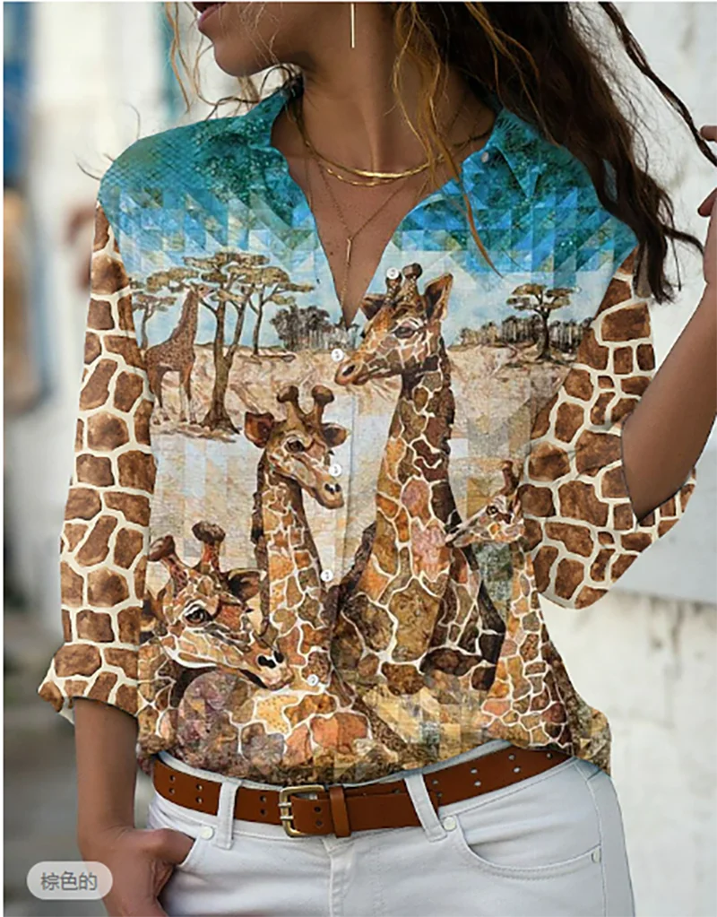 

Button Shirt Women's Tops Giraffe Printing Spring and Autumn V-neck Women's Casual Fashion Zoo Elements