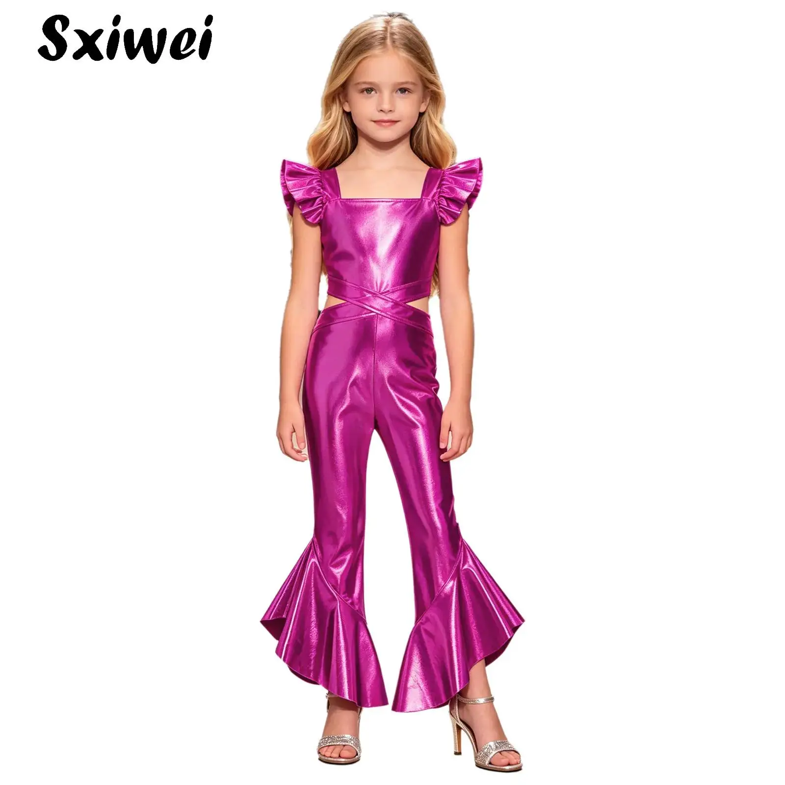 Girls Shiny Disco Jazz Dance Jumpsuit Metallic Flared Party Rompers Fly Sleeve Waist Sides Hollow Out Ruffled Bell Bottoms Pants