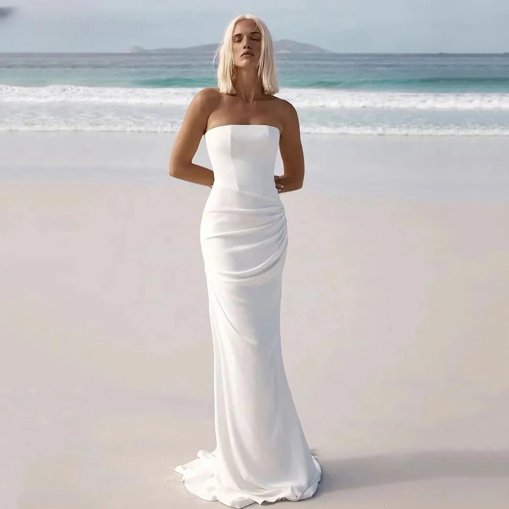 

2025 Customize To Measures White Crepe Wedding Dress Sleeves Mermaid Sweap Train Bride Dress Simple Formal Bridal Gowns Robe
