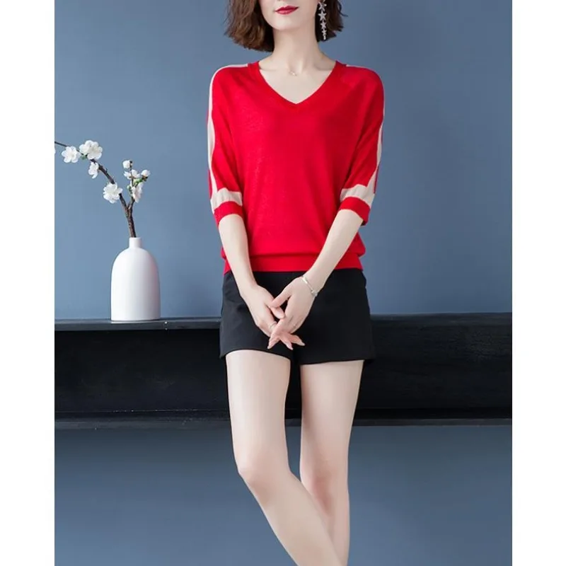 Temperament Summer Thin Women\'s Contrast Color Bright Silk Screw Thread Ice Silk Fabric Simple Half Sleeve Loose Knitted Tops