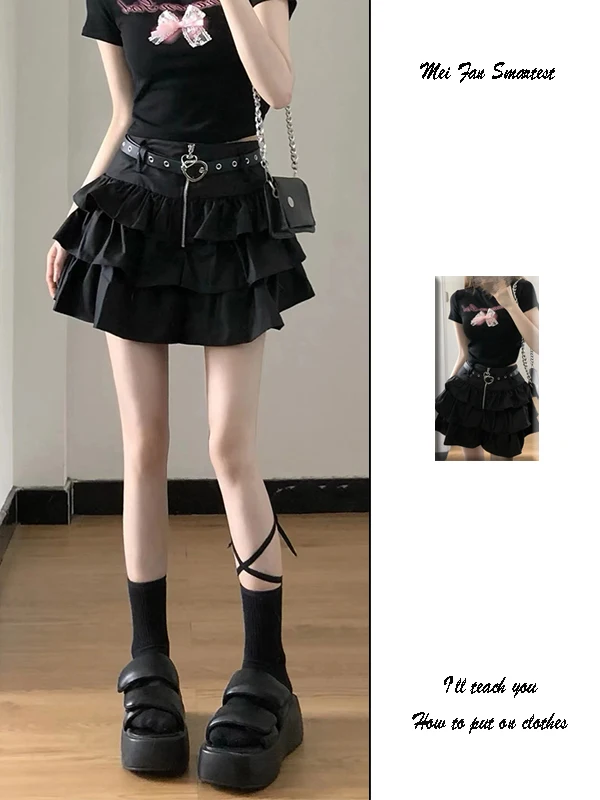 Black Heart-Shaped Belted Puffy Skirt Cake Dress Women's High Waist A-Line  Skirt Korean Style Commute Short Skirt