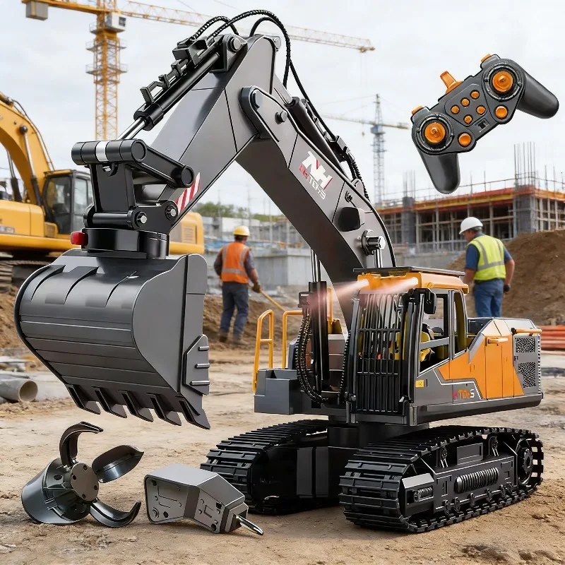 2.4Ghz 3 in 1 Children Simulated Smoke Alloy Electric Remote Control Excavator Toys for Boys RC Engineering Vehicle Model Cars